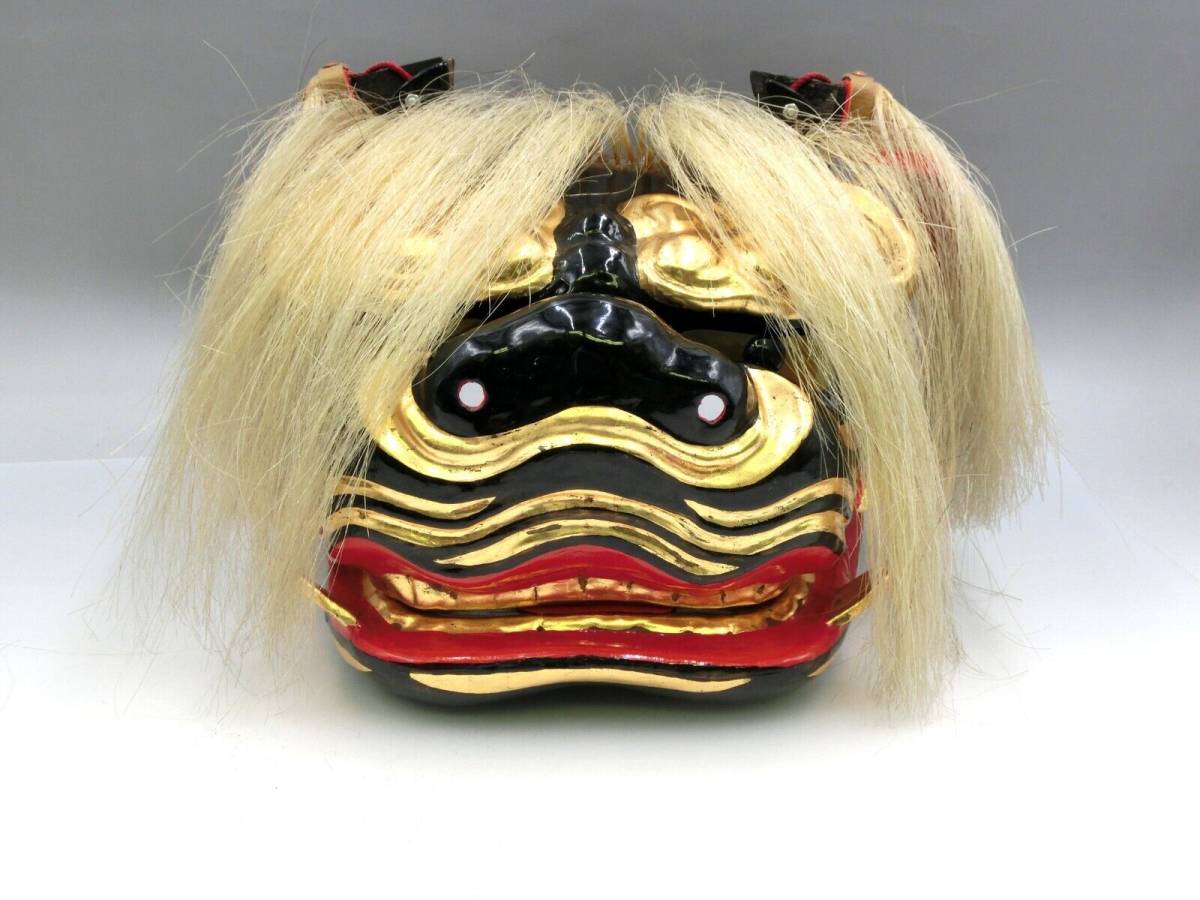 当時物 獅子頭 角つき 獅子舞 漆塗り1対 夫婦獅子 ペア 木彫り 時代