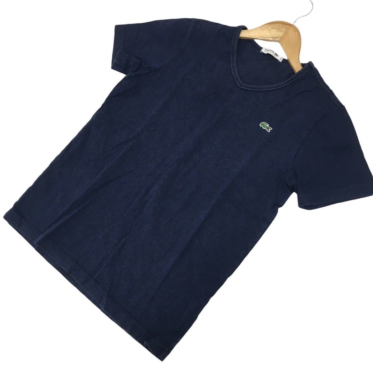 ☆H-63 LACOSTE ラコステ 半袖 Vネック 無地 Tシャツ トップス size 2 ネイビー レディース_画像4