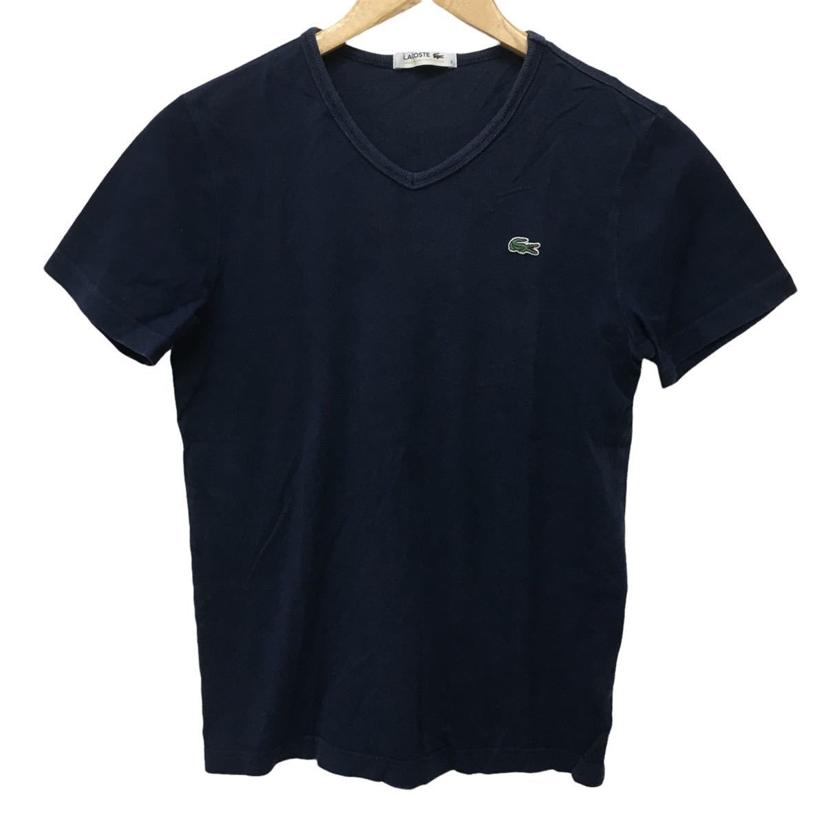 ☆H-63 LACOSTE ラコステ 半袖 Vネック 無地 Tシャツ トップス size 2 ネイビー レディース_画像1