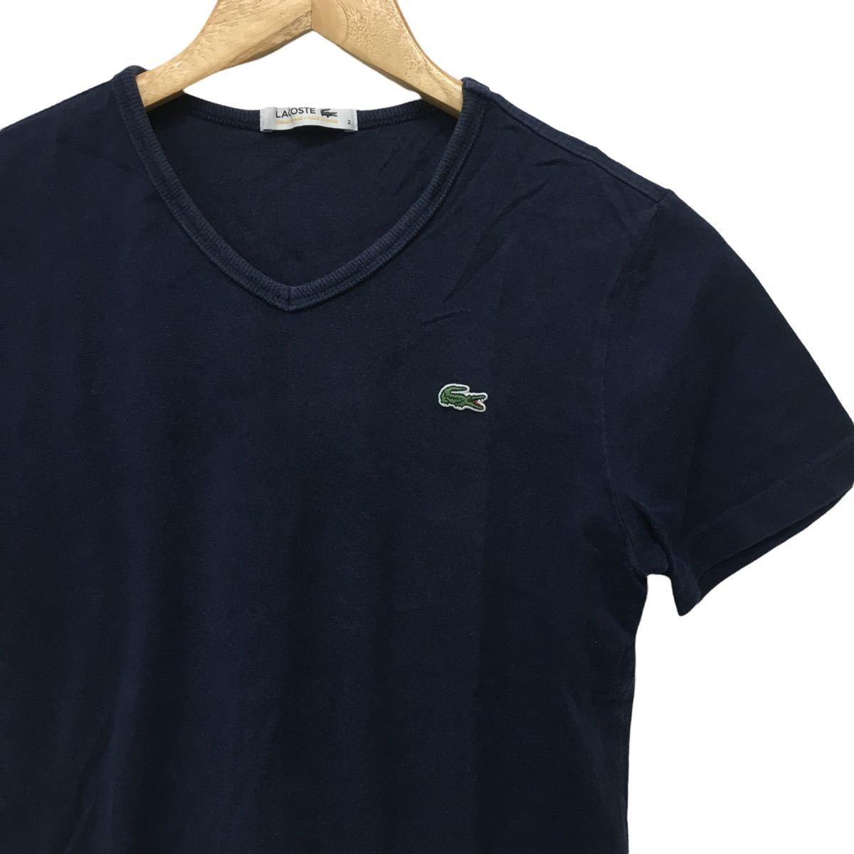 ☆H-63 LACOSTE ラコステ 半袖 Vネック 無地 Tシャツ トップス size 2 ネイビー レディース_画像2