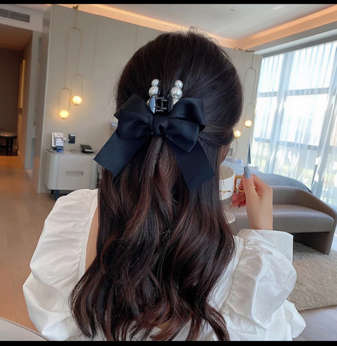 ❤️大人気❤️大きめ シフォン バレッタ 髪飾り りぼん ブラック パール 通販