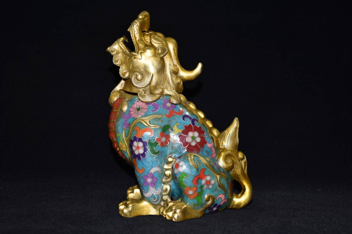 『収蔵家蔵・ 銅製・金鍍・景泰藍・琺瑯彩・朝天吼熏香炉』具置物・古賞物・古美術品・家族珍蔵品091547
