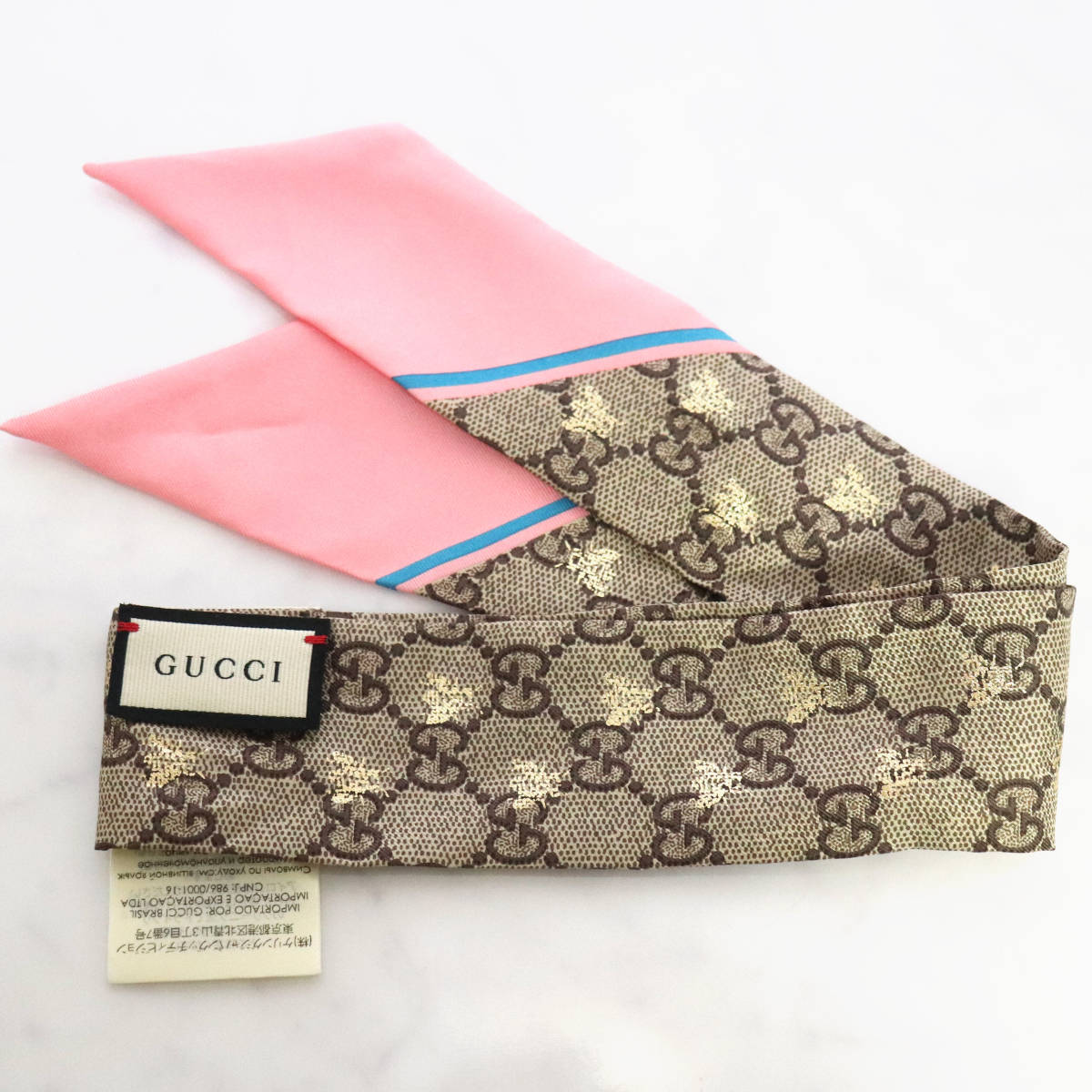 GUCCI グッチ 　シルク　GGビー　ハチ　蜂 スカーフ　ネックボウ　ピンク