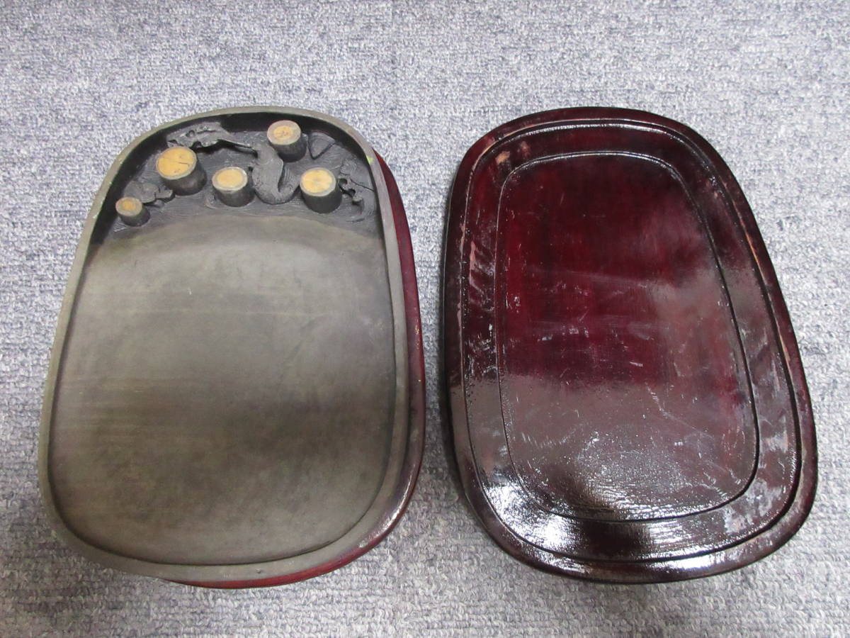 希少品 竢洲后硯 中国古硯 硯 太子硯 眼柱 石眼多数 骨董品 書道具 鯉 亀 彫刻 木蓋付き 硯本体約18.5cm×13cm×3cm 送料込み