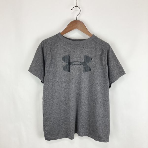 UNDER ARMOUR アンダーアーマー 吸水速乾 キッズ 子供 半袖 トップス ロゴプリント グレー 灰色 YXL 160相当 スポーツ トレーニング ウェア_画像1