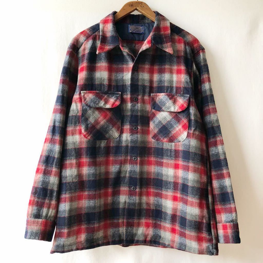 70s PENDLETON オンブレ ループカラー ウール 長袖 シャツ L レッド ネイビー USA製 ビンテージ 70年代 ペンドルトン 開襟 ヴィンテージ_画像2