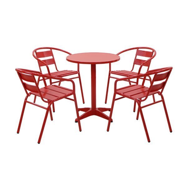 送料無料 アルミ ガーデンチェア ガーデンテーブル 5点セット 赤 ガーデンセット アルミ製 ガーデンテーブル&チェアー4脚 軽量