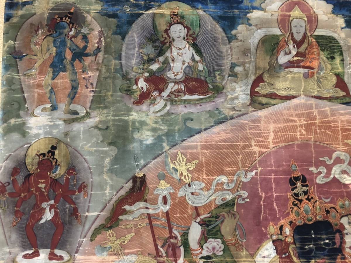 古画 仏画 西藏 チベット タンカ 額 肉筆 着色 布地 中国古玩 唐画 