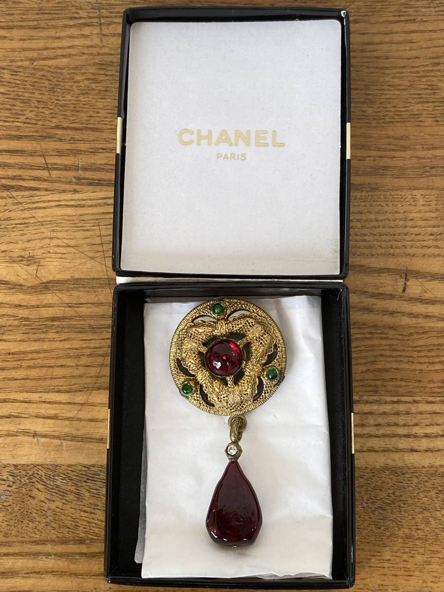 CHANEL シャネル ヴィンテージブローチ カラーストーン ゴールド 箱付