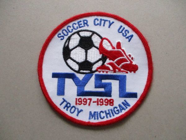 90s SOCCER CITY USA TROY MICHIGANサッカー刺繍ワッペン/TYSLアメリカVintageビンテージSOCCERパッチFOOTBALLアップリケpatches V183_画像1