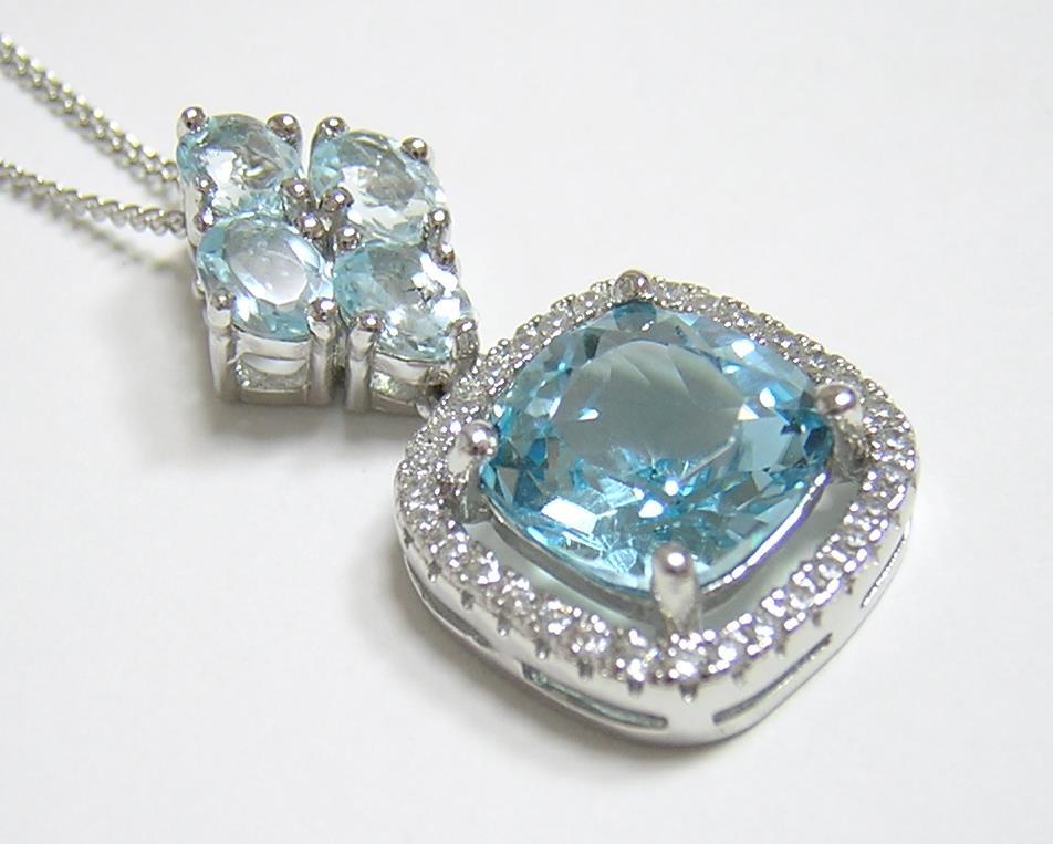  free shipping [ natural blue topaz ] pendant necklace cushion cut 