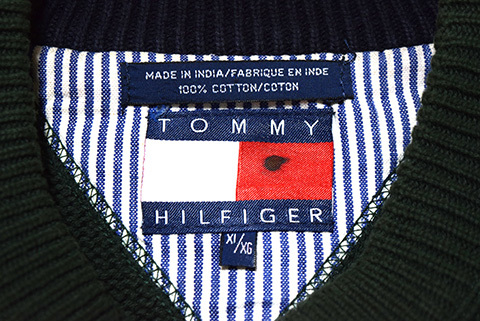 【XL】 90S トミーヒルフィガー コットンニット クルーネック セーター メンズXL グリーン 緑色 大きいサイズ TOMMY HILFIGER  古着 BJ1480