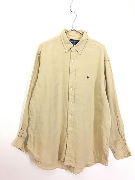 古着 90s Ralph Lauren 「BLAKE」 ポニー ワンポイント ソリッド リネン BD シャツ カーキ L 古着_画像1