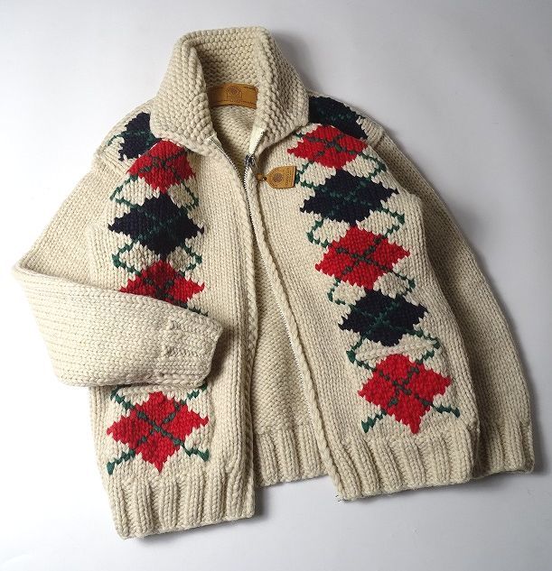 CANADIAN SWEATER カナディアンセーター フルジップ カウチンセーター カナダ製 ウール100% ニット ジャケット (M )  アーガイル柄 S-764