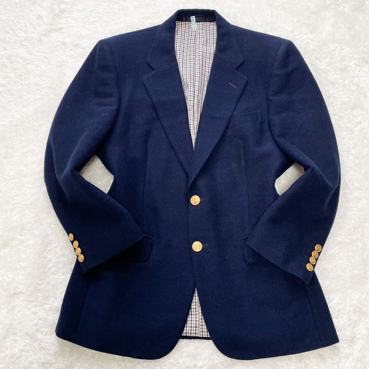 未使用級 Aquascutum アクアスキュータム チェック柄 紺ブレザー 金ボタン シングル テーラードジャケット モヘア ウール ネイビー XL位