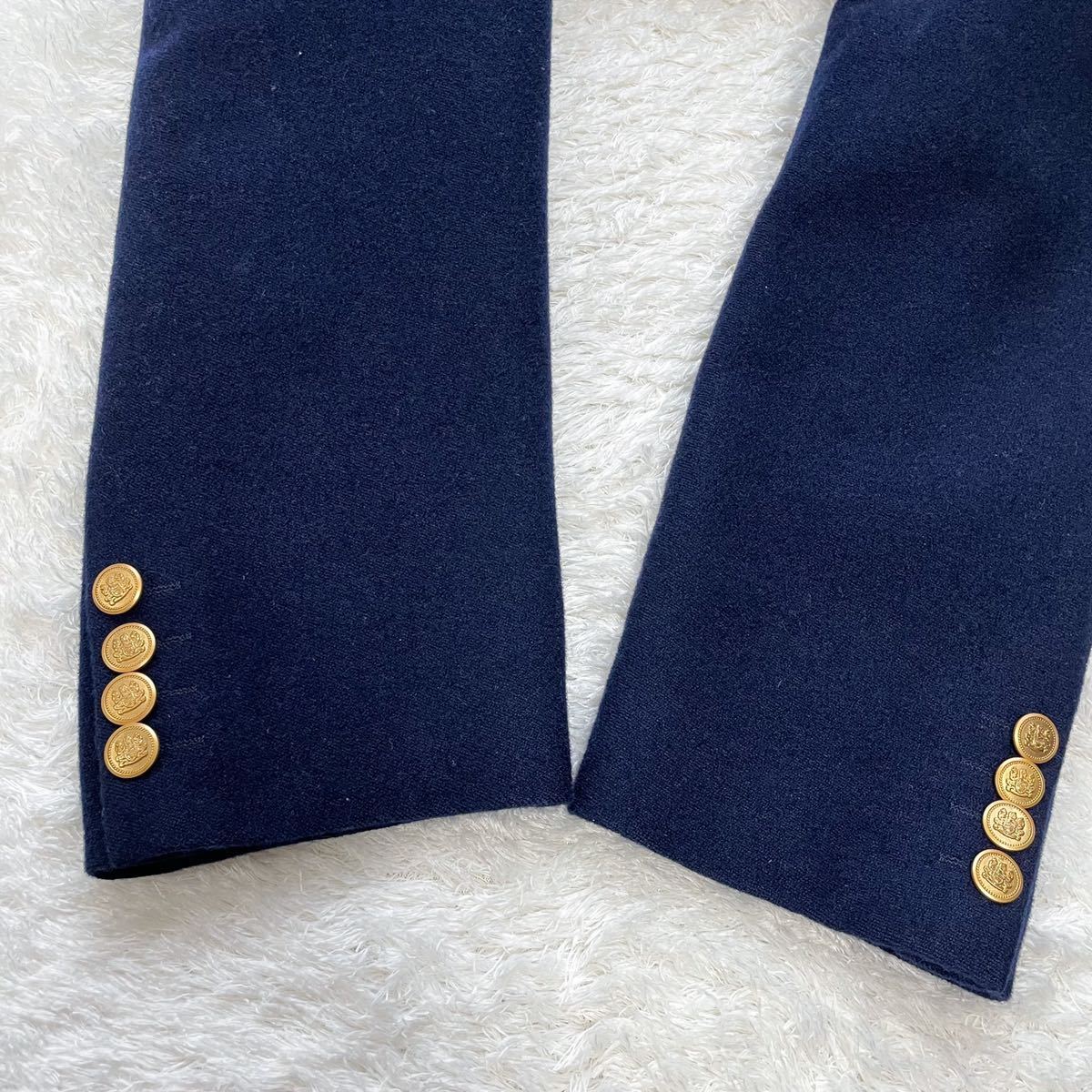 未使用級 Aquascutum アクアスキュータム チェック柄 紺ブレザー 金ボタン シングル テーラードジャケット モヘア ウール ネイビー XL位