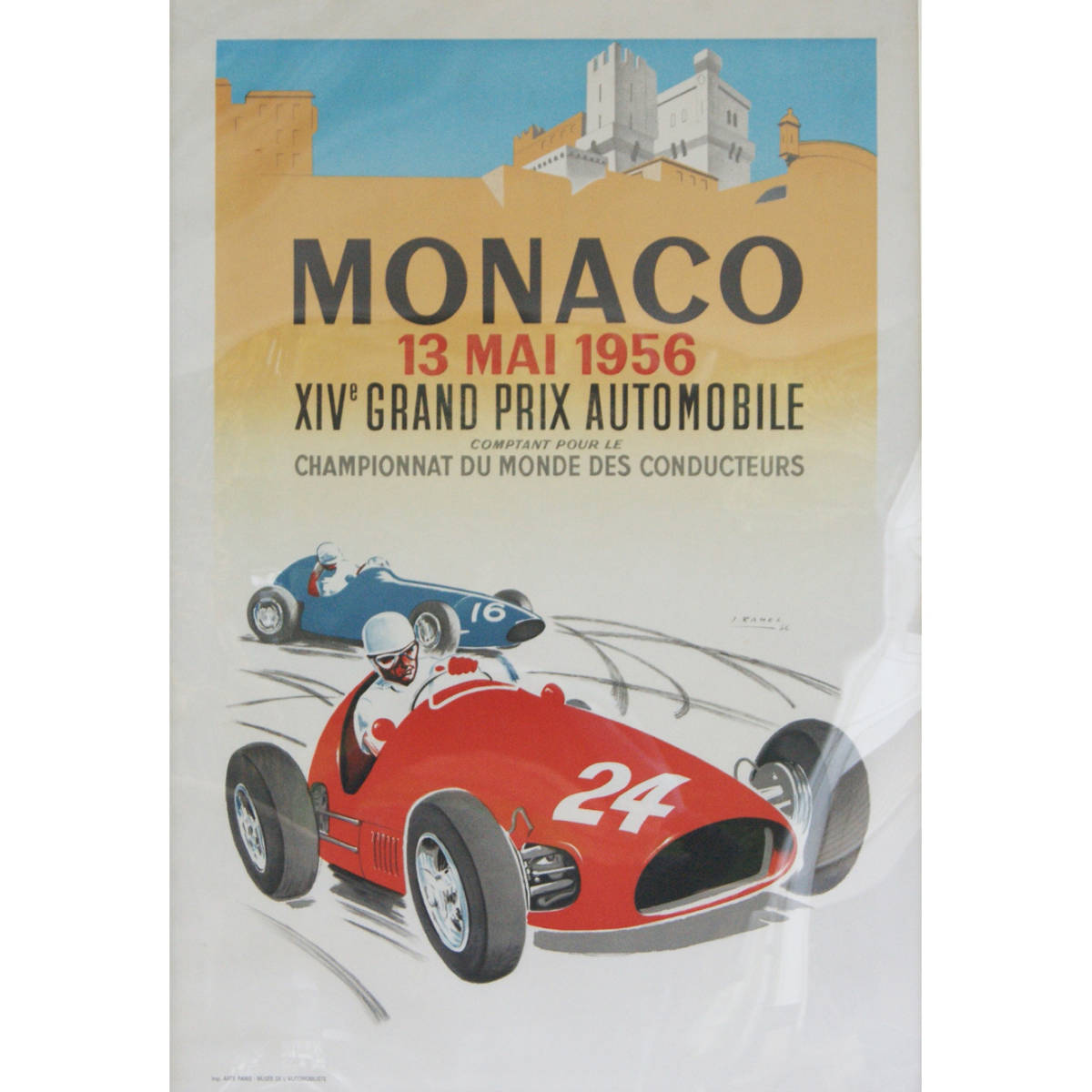 4475-1t2.5[ Monaco Grand Prix large racing poster MONACO 13 MAI 1956 frame white 103x72cm] Vintage rare *