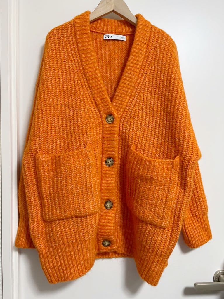ZARA パッチポケットニットカーディガン オレンジ M ニット ZARA パッチポケットニットカーディガン オレンジ M ニット