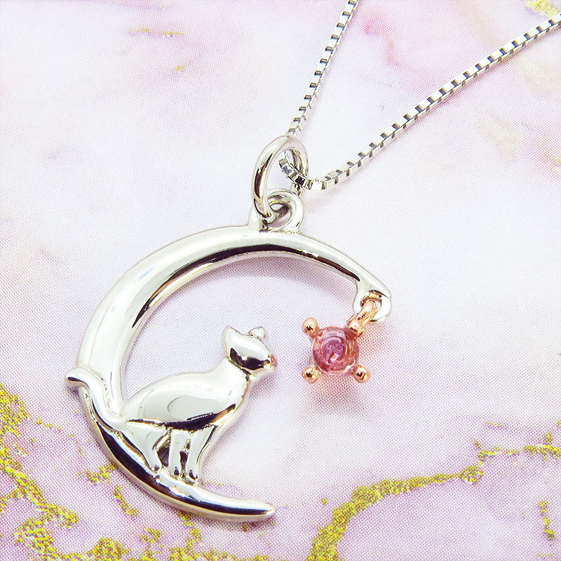 揺れて輝く宝石にじゃれる猫と三日月の大人可愛いネックレス シルバー925 ピンクトルマリン ムーン の画像6