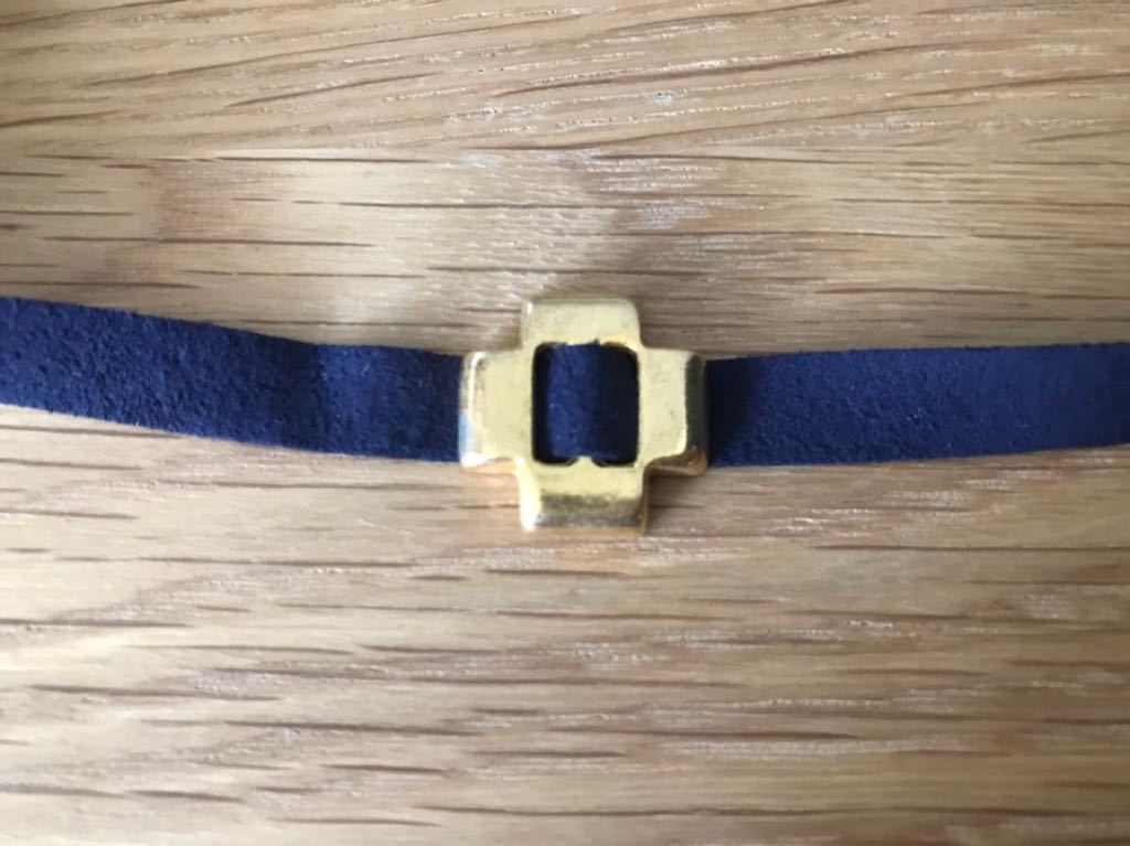 # accessory choker / pendant Cross type Gold × dark blue long shide .. suede style ribbon . lovely free size USED postage 120 jpy #