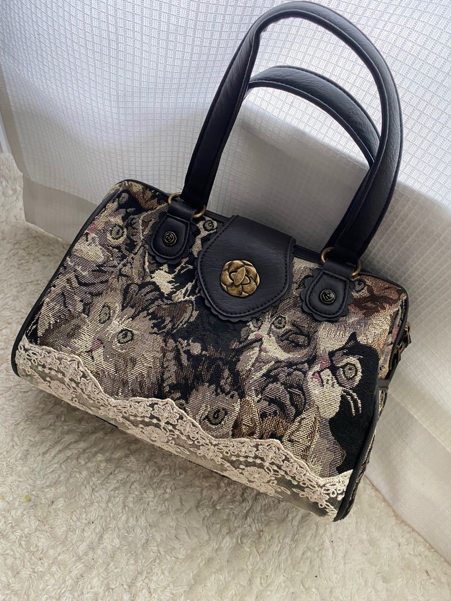 新品タグ付き★アクシーズファム★ゴブランレトロネコ柄ミニボストンバッグ