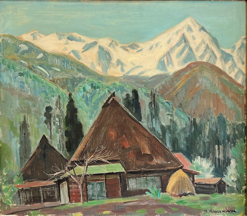川合修二 白樺 油彩画 白樺と山の風景 油絵 川合修二 白樺 油彩画 白樺と山の風景 油絵