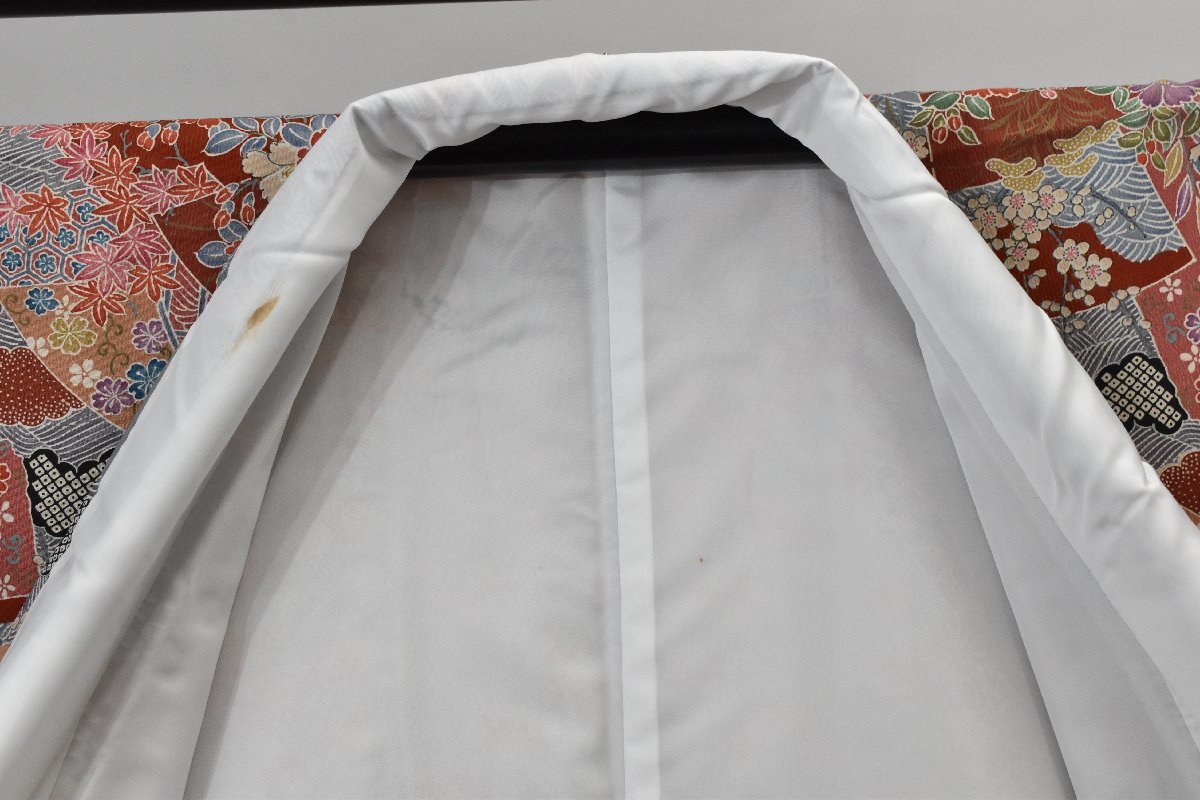 【桜庭呉服店】小紋 着物 扇面 花 梅 菊 鶴 おしゃれ 身丈160cm 裄丈64.5cm　★ kb-1734_画像6