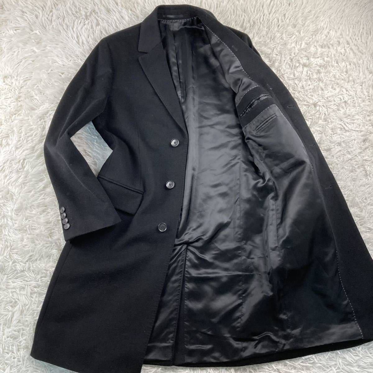 極上カシミヤ素材 ヒューゴボス×【伊】COLOMBO社 HUGOBOSS チェスターコート ジャケット 50 Lサイズ ブラック 黒