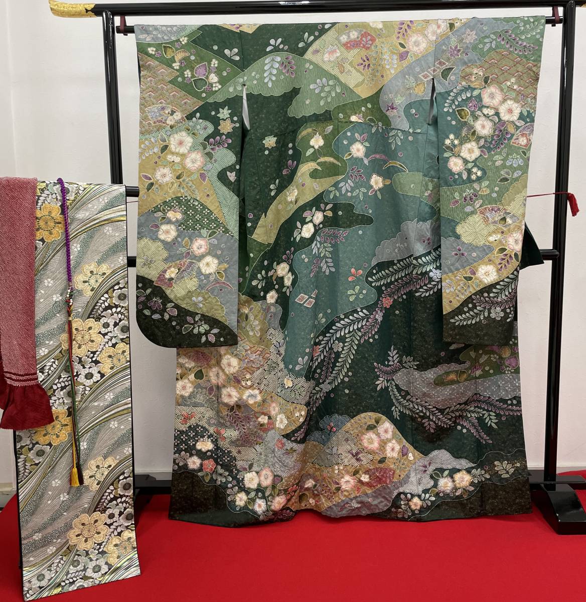振袖5点セット!】渋緑 辻が花 絞り 成人式 結納 列席 衣裳 www