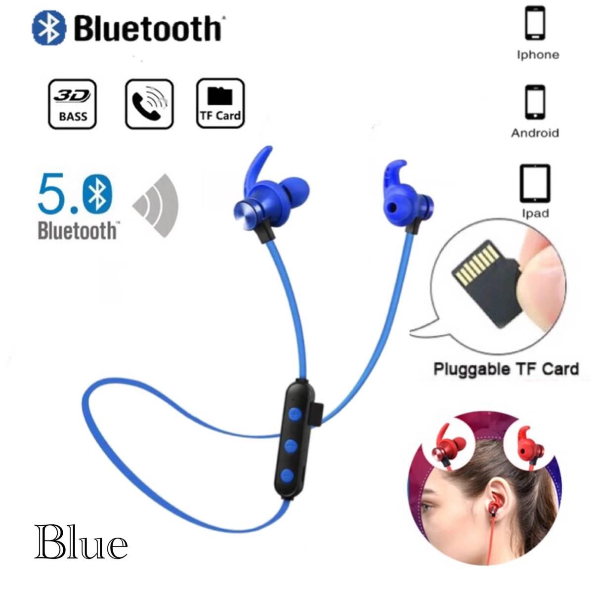 Bluetooth 5.0 イヤホン 両耳 ワイヤレス マイク TF無線 マグネット Siri対応 ハンズフリー通話 iPhone Android 両耳 USB ブルー　2_画像1