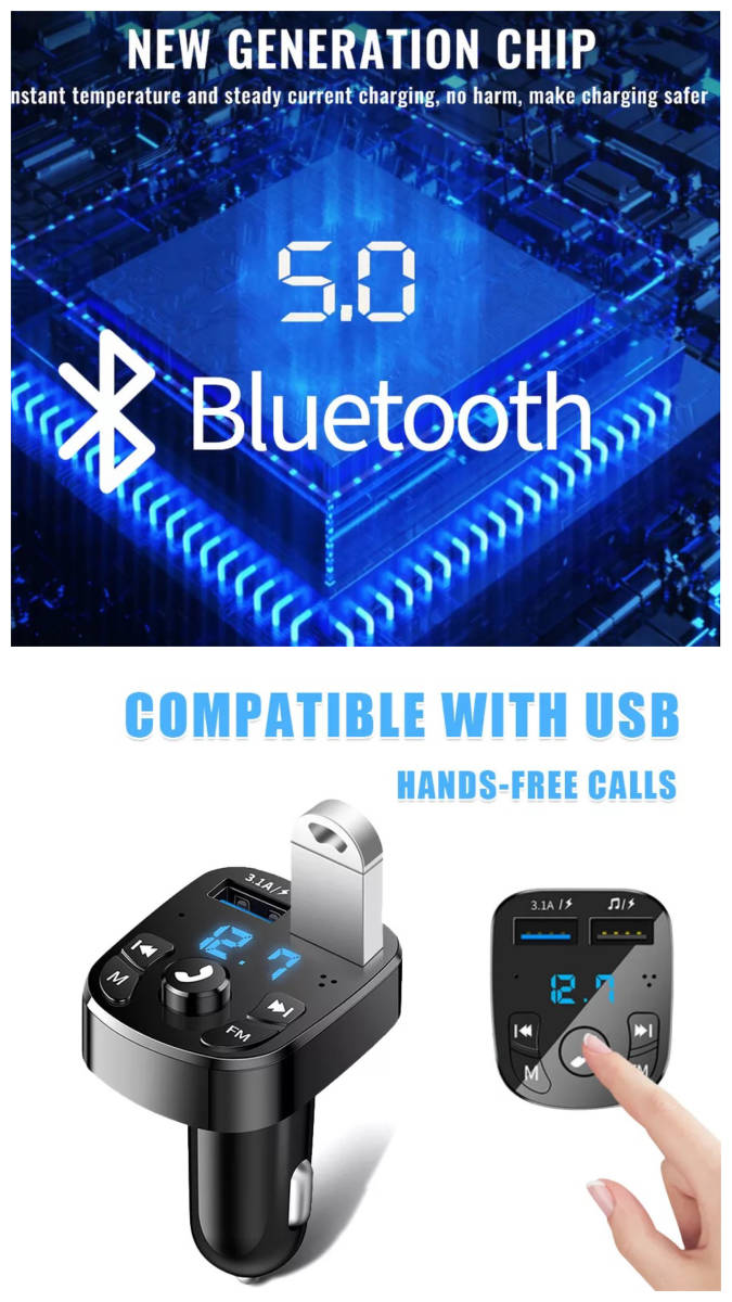 Bluetooth FMトランスミッター 充電器 充電 音楽再生 二台同時充電 ハンズフリー スマホ シガーソケット SDカード 車載 車内　2_画像2