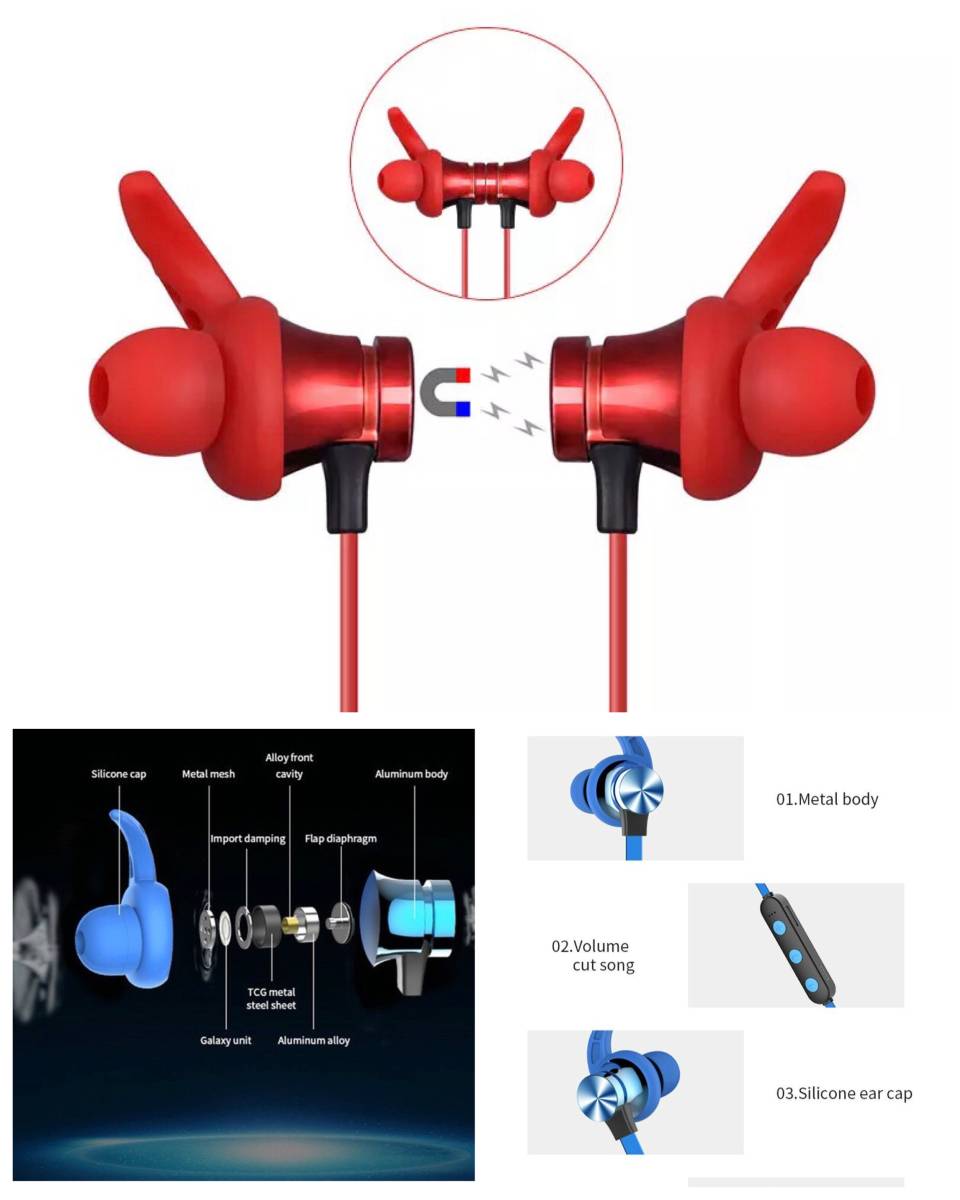 Bluetooth 5.0 イヤホン 両耳 ワイヤレス マイク TF無線 マグネット Siri対応 ハンズフリー通話 iPhone Android 両耳 USB レッド　2_画像3