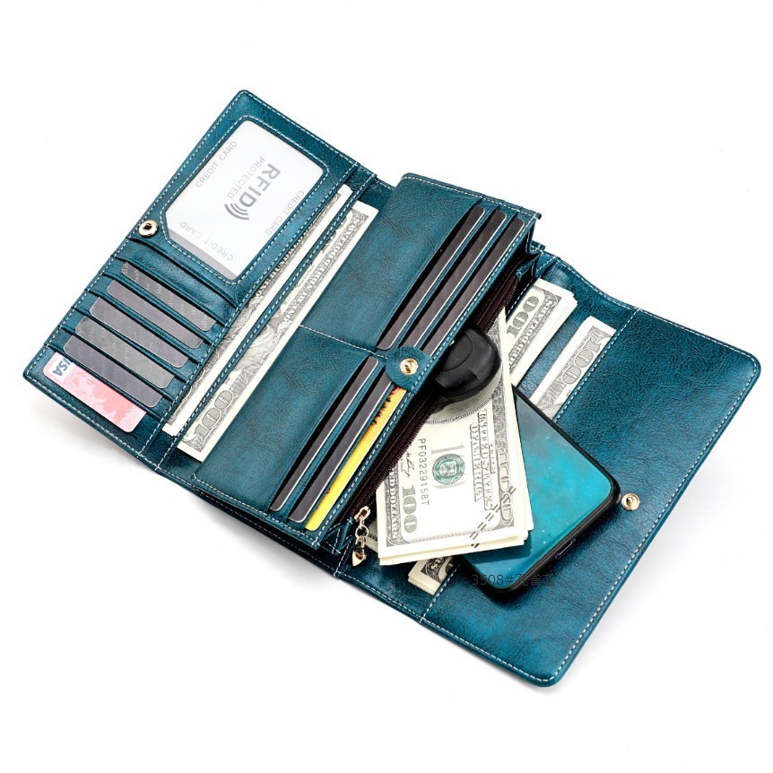 長財布　レディース　本革　高級牛革使用　かわいい　刺繍　ヴィンテージ　三つ折り　カード入１３枚　紺色
