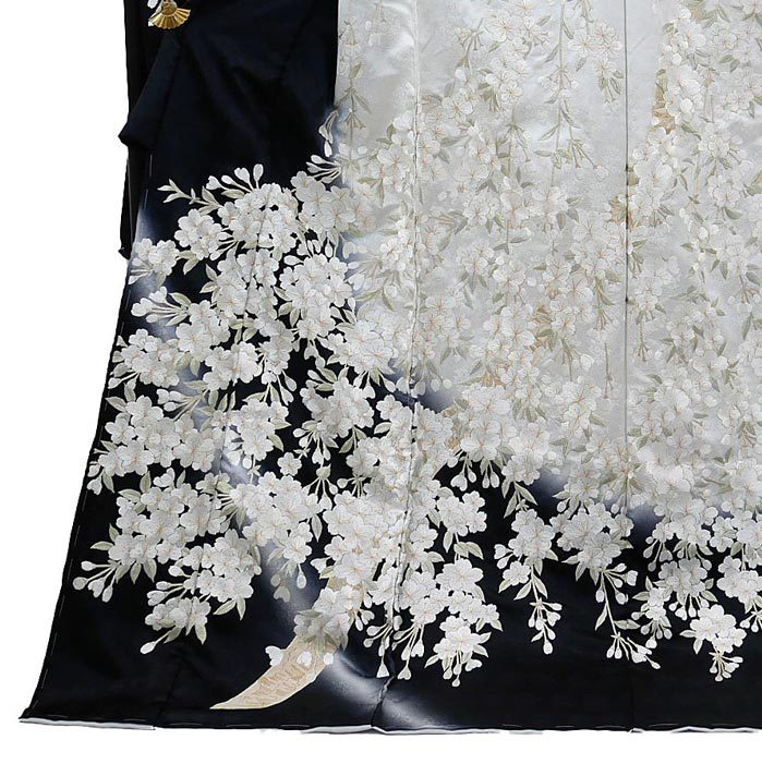 特選品 総刺繍振袖 白黒 f-244 尾峨佐染繍 桜柄 絹100% 新品 未仕立て品 総刺繍振袖_画像9