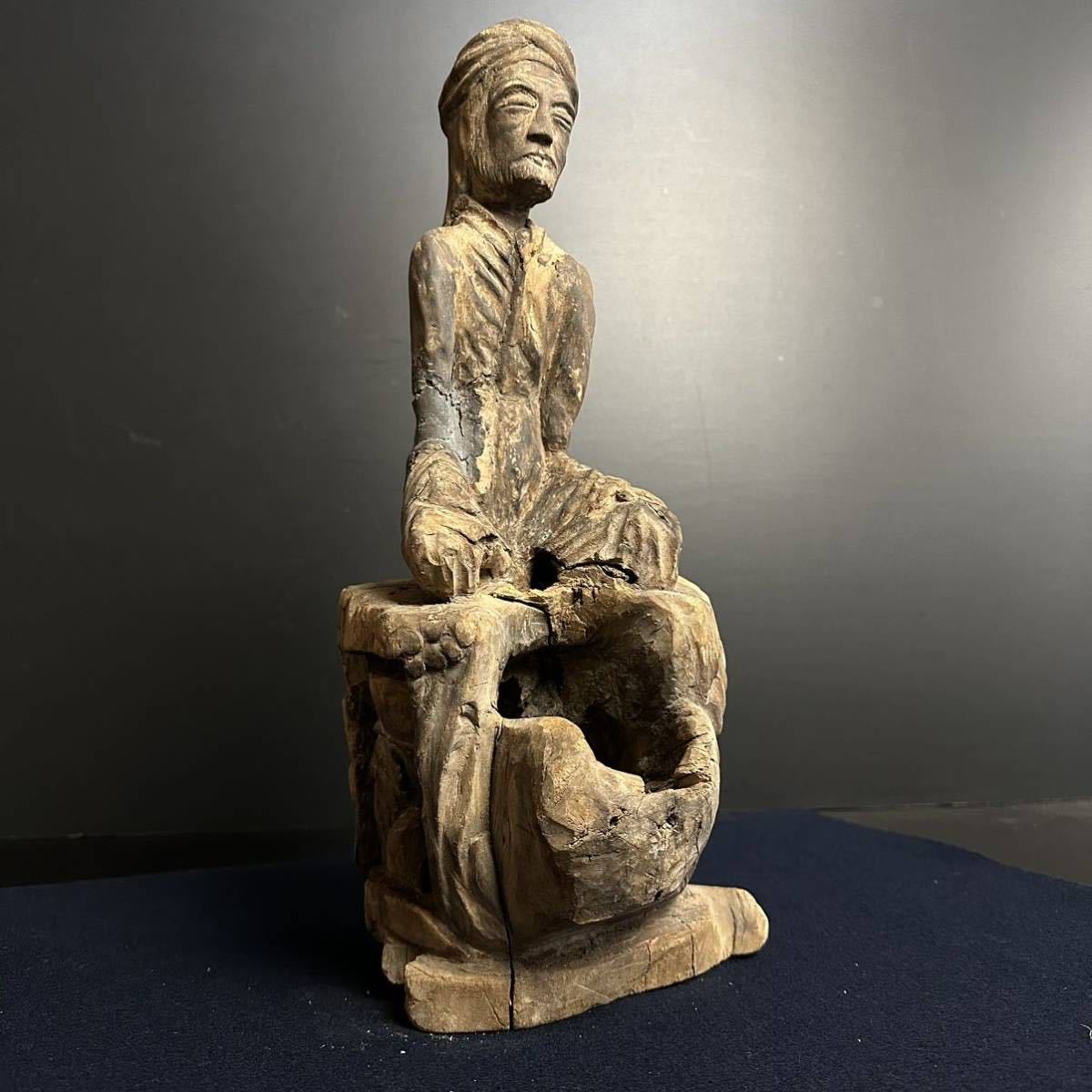 DM561] 木彫彫刻 人物像 置物 高さ約41cm 彫刻 刳り貫き オブジェ