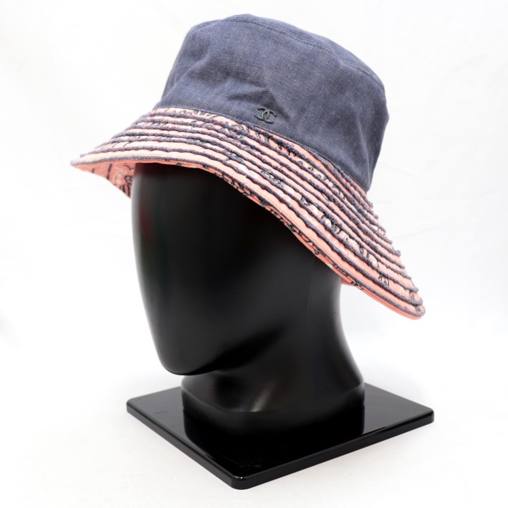 美品 シャネル デニムキャペリンハット 帽子 レディース ブルー系×ピンク 57 フリンジ ココマーク CHANEL