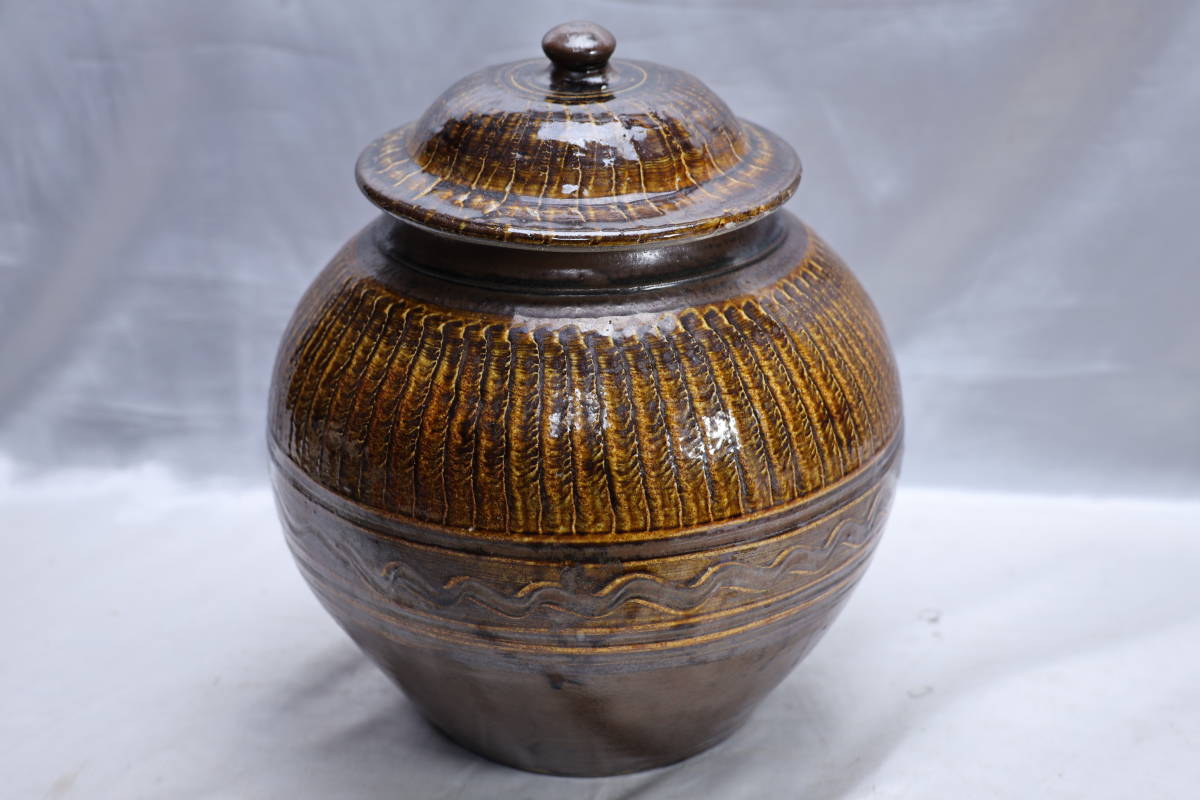 ☆24TB06☆小鹿田焼 小石原焼 蓋付流し掛け大壷・民陶茶壺沈香壺