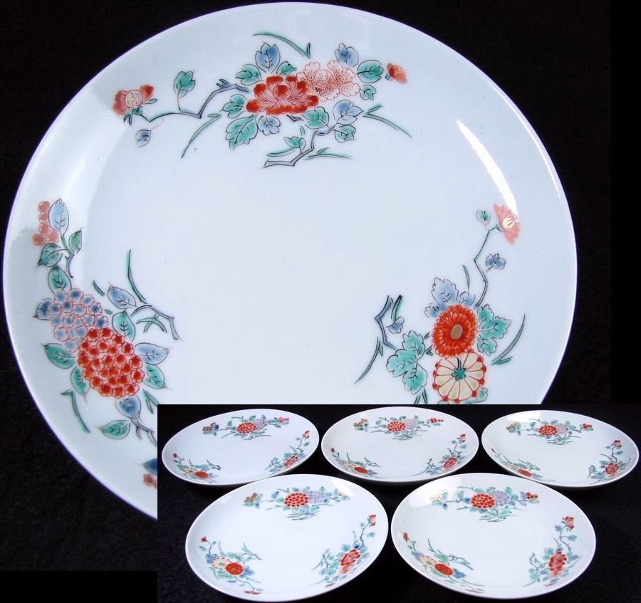 【特別送料無料!】 時代 柿右衛門手 錦花文皿5枚 幅:15.3cm 幕末~明治/22J036 柿右衛門様式 【特別送料無料!】 時代 柿右衛門手 錦花文皿5枚 幅:15.3cm 幕末~明治/22J036 柿右衛門様式