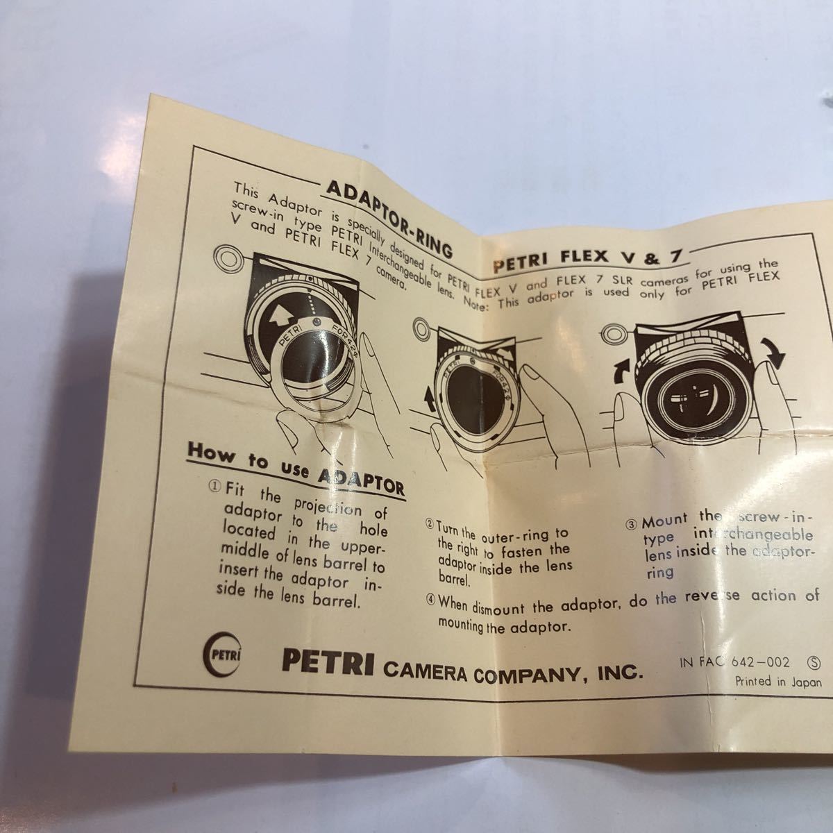 マウントアダプター　PETRI 純正品　PETRIの一眼レフカメラにM42マウントのレンズをつけるアダプター　美品　元箱、説明書付き_画像5