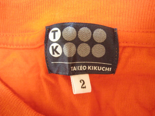 TK TAKEO KIKUCHI タケオキクチ ワールド トップス Tシャツ 半袖 丸首 オレンジ 橙 サイズ2 プリント_画像5