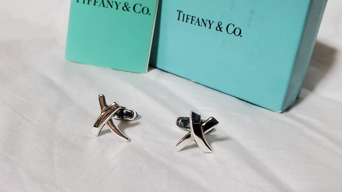 正規良 限定 TIFFANY&CO ティファニー パロマピカソ X クロスアイコンカフス キス デザインアートカフリンクス シャイニーSVボタン 付属有