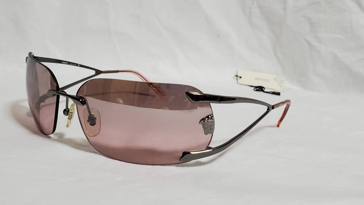 正規未 絶版 ヴェルサーチVERSACE メデューサロゴ ツーポイントダブルフレーム メタルサングラス 紫系 黒SV クラシックラグジュアリー 眼鏡