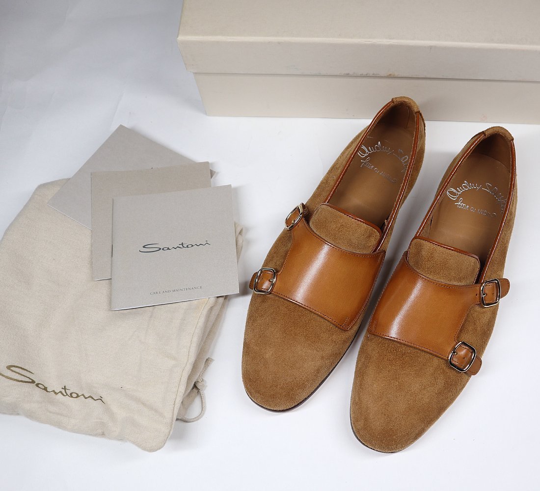 60%OFF◆大人の男の色気とリッチな洒脱感！【 Santoni / サントーニ (伊 】美麗ダブルモンク型 異素材コンビスリッポン 薄茶 6.5_画像1