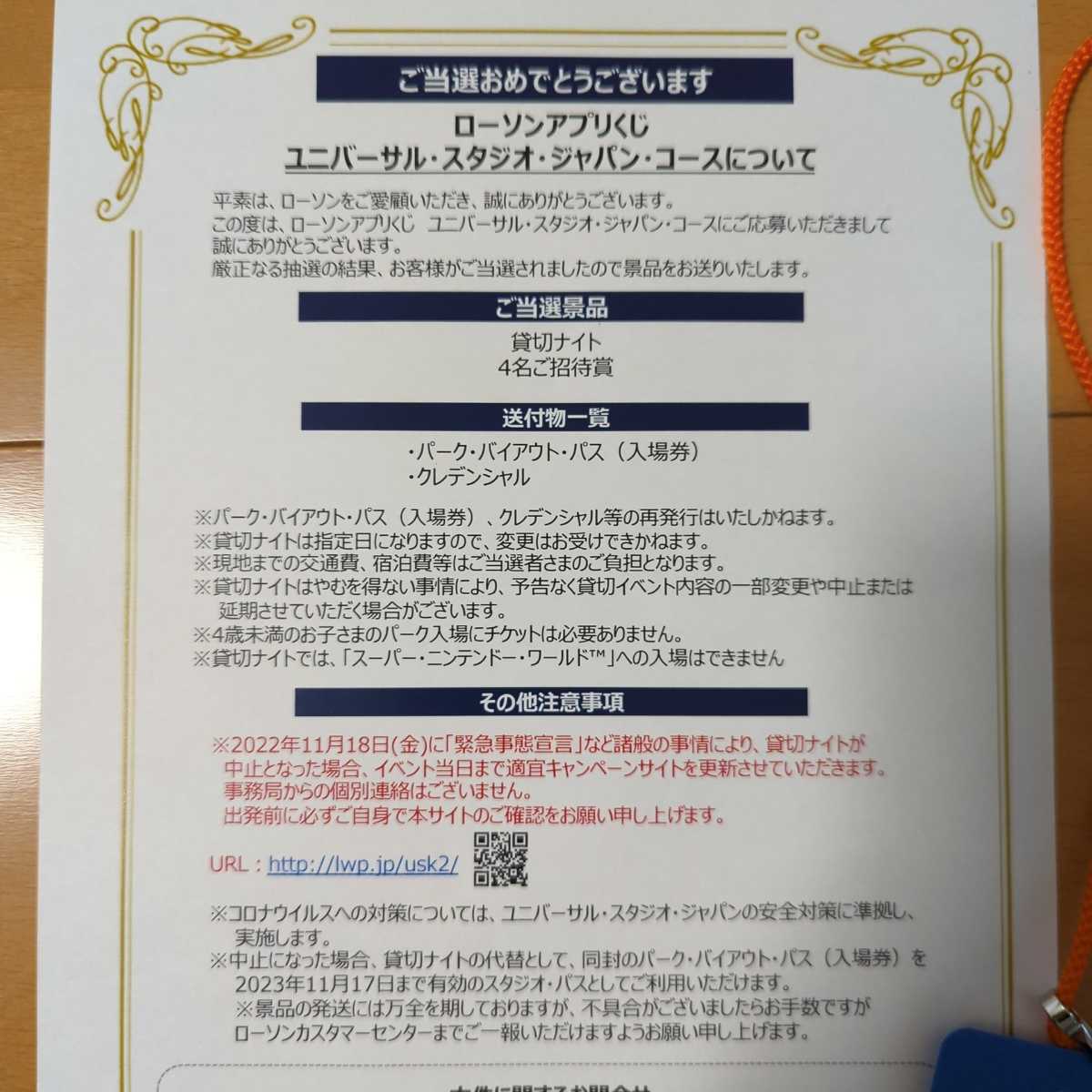 ☆USJローソン貸切ナイト☆チケット１名分☆2022年11月18日(金