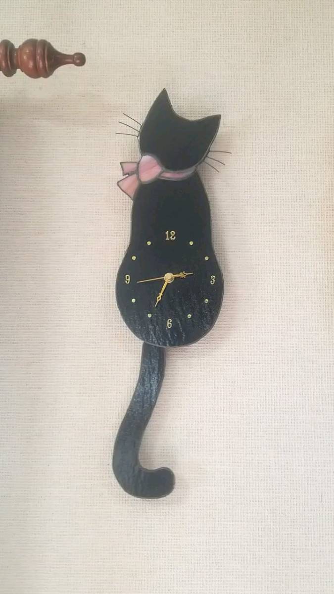 商売繁盛モチーフ ステンドグラス 黒猫のしっぽ振り時計