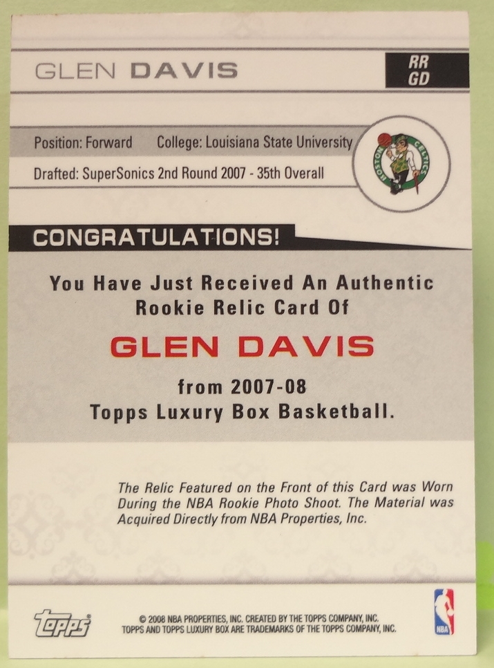 2007-08 グレン・デイビス Topps Luxury Box Rookie Relics #GD Glen Davis Jersey 限定499_画像2