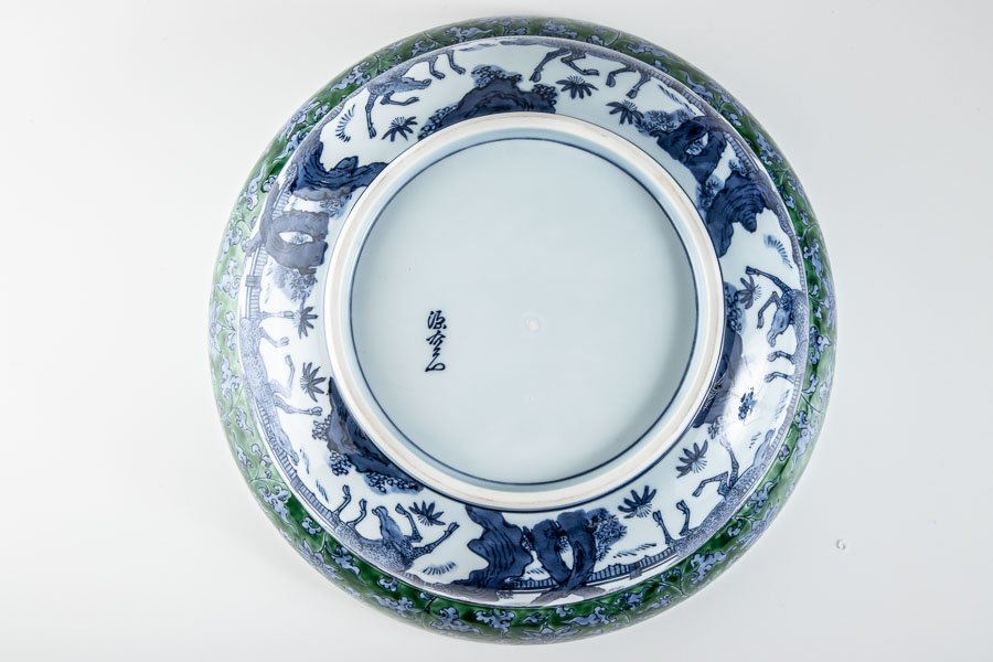 作家物】『 館林源右衛門 緑彩鹿魚鉢 径34cm 共箱 13297 』料亭 日本 作家物】『 館林源右衛門 緑彩鹿魚鉢 径34cm 共箱 13297 』料亭 日本