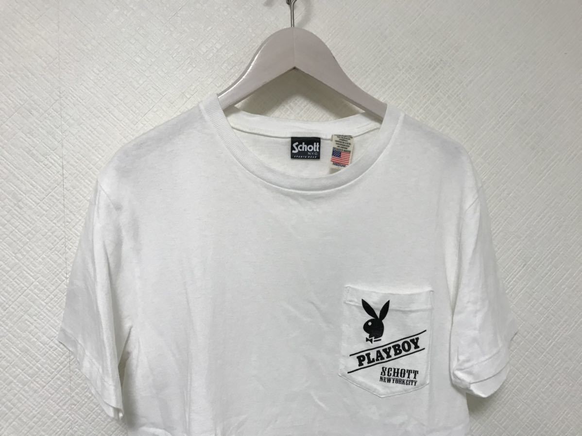 本物ショットSchott N.Y.CコットンプレイボーイPLAYBOYプリント半袖Tシャツメンズビジネスサーフアメカジミリタリー白ホワイトM日本製