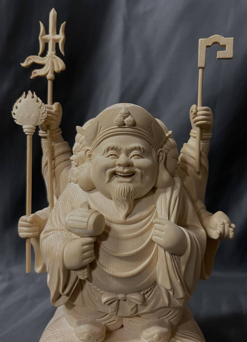 極上品 仏教工芸品 一刀彫 総檜材 木彫仏像 三面大黒天立像