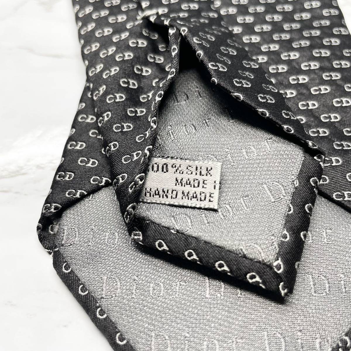 極美品 DIOR homme ネクタイ シルク100% CD柄 総柄 ブランドロゴ 刺繍 ブラック 送料無料